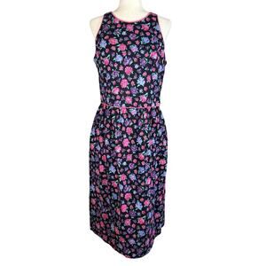 Vintage Lanz Womens Midi Dress 14 Black Floral Open Bow Back Pockets Made in USA